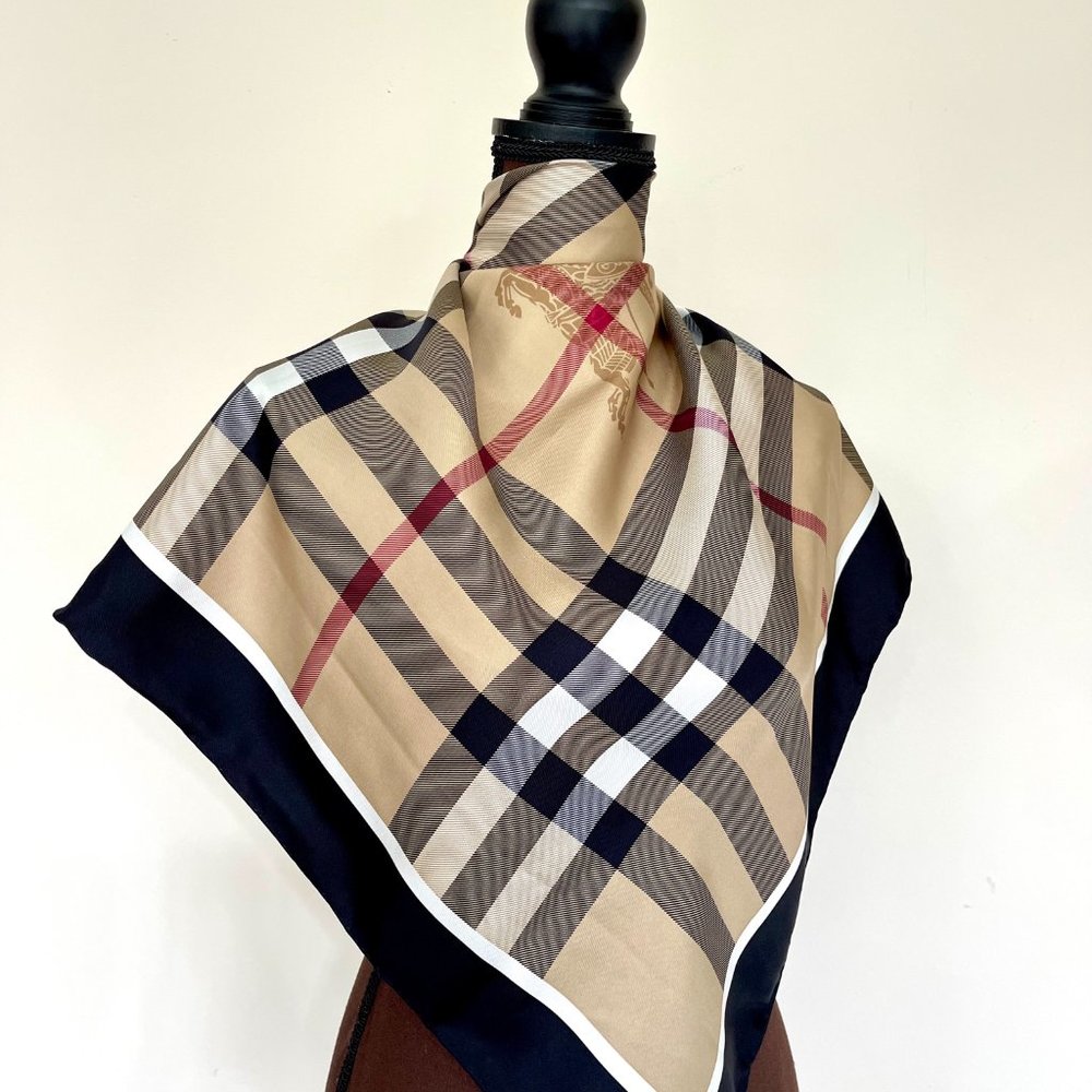 NWT Burberry Scarf Classic Beige Check Pattern Black Border Silk SWrap